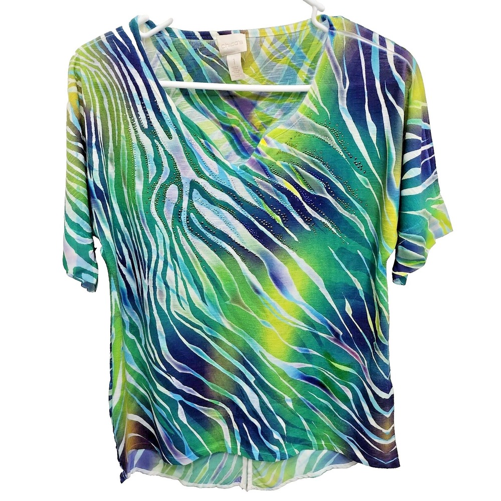Chicos Wearable Art Top Medium Green Abstract Chiffon Trim Short Sleeve Casual